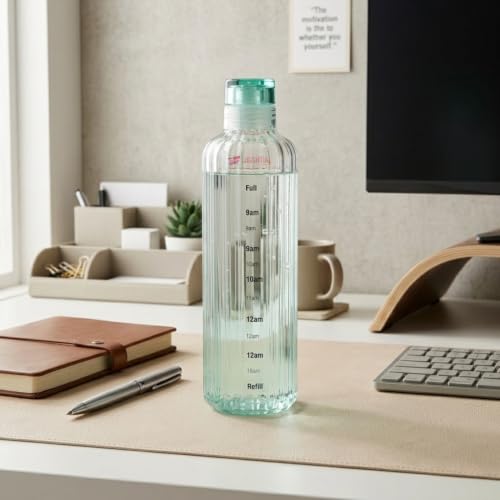Image of Borosilicate Water Bottles, H2O Fridge Water Bottle with Cap, Leak proof & Airtight Lid, Water Bottle for Office, School, College - 500ml Bottles with Time Marker (Striped Green)