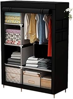 ACCSTORE Canvas Wardrobe Portable Wardrobe Clothes Storage With 6 Shelves and Hanging Rail,Black