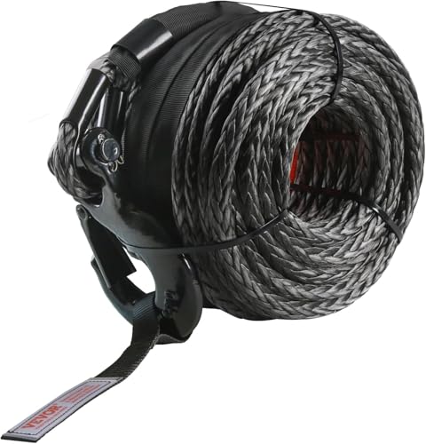 VEVOR Corde de Treuil 9,5 mm x 30,5 m Câble Synthétique Résistance Rupture 117,9 KN avec Manchon de Protection, Crochet de Treuil Forgé, Sangle Traction pour SUV, Grand Véhicule Tout-Terrain, Camion