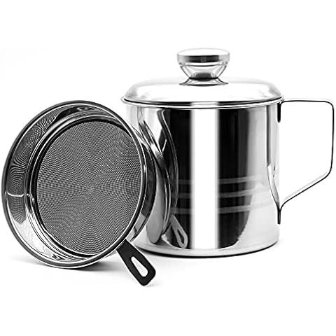 1.2 L Oil Strainer Pot Grease Can with Filter, Stainless Steel Bacon Oil Storage Can Container Oil Storage Pot with Mesh Strainer - Cooking Oil Can for Kitchen Fat Storage (Silver) Cover