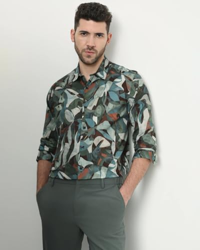 Image of MUFTI Olive Abstract Slim Fit Shirt
