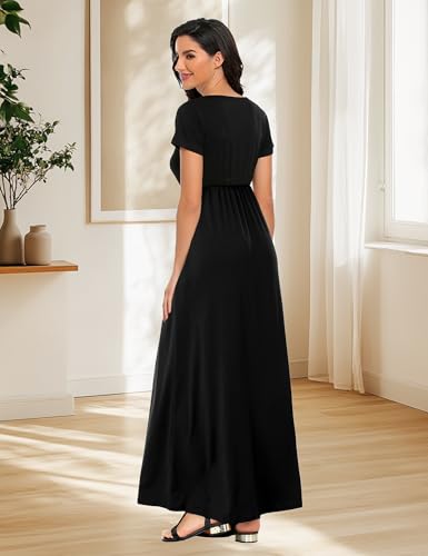 Image of Lacavocor Womens Short Sleeve Maxi Dresses Empire Waist Long Dress