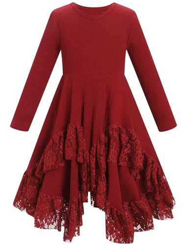 IDOPIP Girls Sweater Dress Toddler Fall Dresses Kids Long Sleeve Ribbed Knit Sweaters Handkerchief Lace Ruffle Casual Dresses
