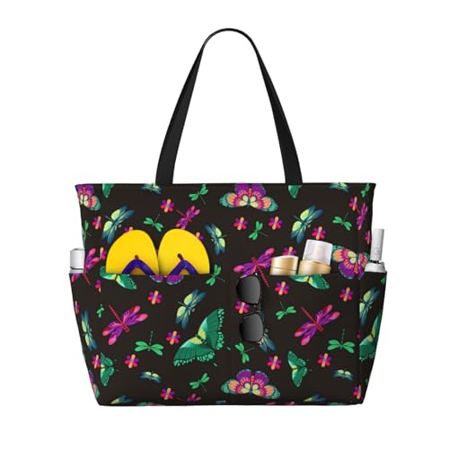 Purple Green Dragonfly Butterfly Large Beach Bag Waterproof Sandproof Swim Tote Pool Bag For Women With Zipper