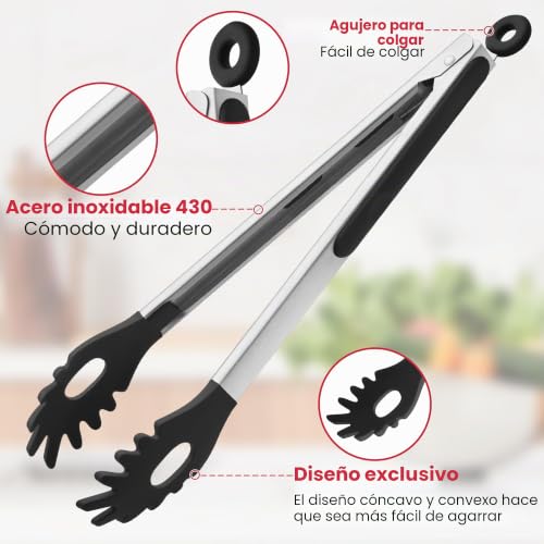 Miniatura 4 de Pinzas De Pasta Para Espaguetis, Pinzas De Silicona Resistentes Al Calor De 12 Pulgadas Para Servir Alimentos, Cocinar, Ensalada, Fideos De Espagueti, Antiadherentes 12 Pulgadas, Negro