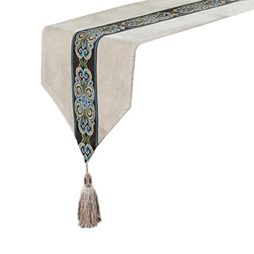 Classic Vintage Table Runner and Dresser Scarf with Tassels Middle Stripe Home Decor, 13 x 82 Inch, Ivory