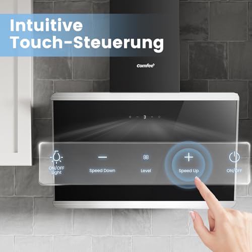 COMFEE' CH60J64ET4A2B A++ Dunstabzugshaube 60 cm, Kopffreihaube 60cm Umluft und Abluft, 380m³/h Luftstrom, Edelstahl/Glas Design mit Touchscreen, LED, Abzugshaube inkl. Kohlefilter, Schwarz