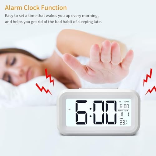 Image of Digital Alarm Clock with Automatic Sensor, Large LCD Backlight Display, Date & Temperature, Battery Clock for Bedroom, Home, Office & Students (Power Cell Not Included) (White)