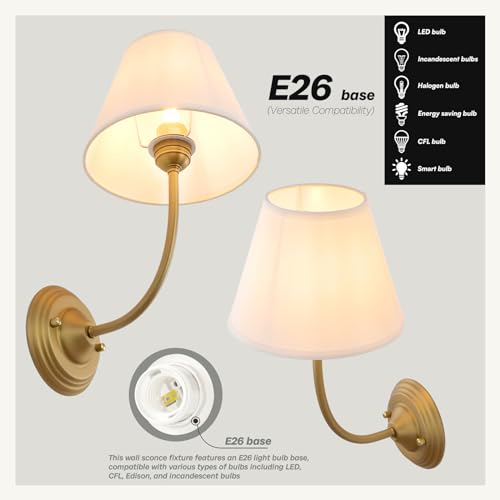 Image of Vintage Fabric Wall Sconce 8.66 inch Diam Linen Cloth Shade, E26 Hardwired Indoor 1-Light Wall Mounted Lamp Fixture for Living Room Bedroom Stairs Hallway