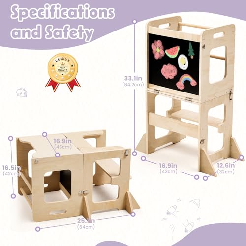 Image of labebe Toddler Standing Tower for 12M+, Montessori Foldable Learning Standing Tower with Blackboard, Anti-tip Structure Design,Wooden Kitchen Step Helper Stool for 1-3 Year Old Boy Girl Gift