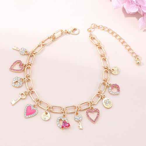Cute Gold Heart Charm Link Bracelet for Women 14K Gold Plated Rhinetstone Love Heart Lock Key Lucky Clover Chain Bracelet with Dangle Crystal Pendant Adjustable Party Trendy Y2K Jewelry Gift for Women3