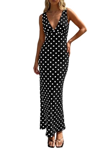 Wenrine Womens Summer Polka Dot Maxi Dress Mesh Wedding Guest Bodycon Sexy V Neck Sleeveless Party Dresses
