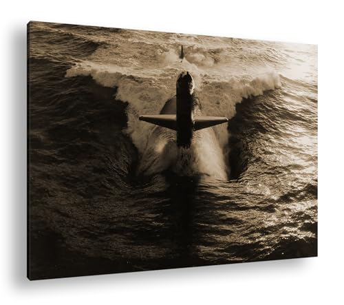 Sous-marin cadre bois véritable 90x60cm tableau déco sans plis