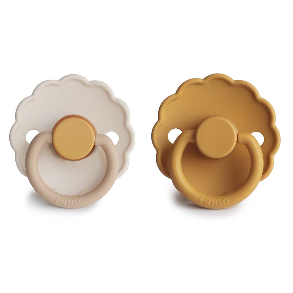 FRIGGDaisy Latex Pacifier | 2-Pack | Daisy Block Natural Rubber Soother | Symmetrical Cherry Shaped Nipple | BPA Free | Made in Denmark | Latex Dummy | Chamomile/Honey gold - Size 1 (0-6 Months)