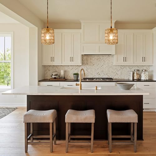 Image of Plug in Pendant Light with 6W LED Bulb Warm light(3000K)Dimmable Switch Cute Rattan Hanging Lamp Cord 15ft Hand Woven Wicker Plug in Chandelier Boho Hanging Lights Fixture for Bedroom kitchen