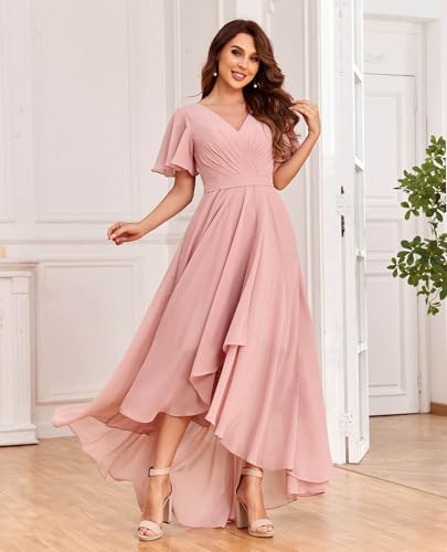 Image of LANGKAAO Women's V Neck Bridesmaid Dresses with Sleeves for Wedding Chiffon A-Line Pleated High Low Formal Gown with Pockets