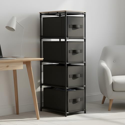 Image of Amazon Basics Slim Fabric Chest of 4 Drawers, Iron Frame & MDF Top - Compact Storage Dresser for Clothes, Bedroom, Closet & Small Spaces - Black (30L x 47W x 90H CM)