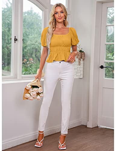 Luvamia Womens Casual Puff Sleeve Off The Shoulder Blouse Holiday Shirts For Women Sexy Crop Top For Women Puffy Sleeve Shirts For Women Golden Glow Size Large Fits Size 12 / Size 14 #TOP6