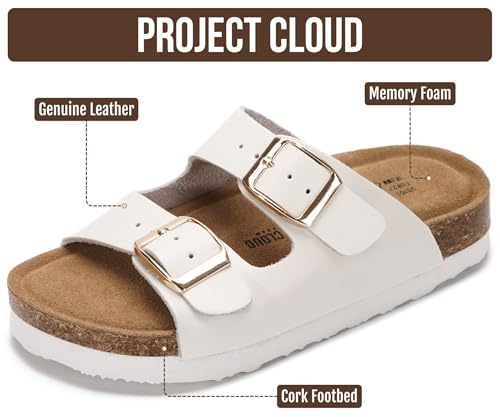 Image of Project Cloud Kids Sandals 100% Genuine Leather - Natural Cork Footbed Non-Slip Slides for Kids - Lightweight Boys & Girls Sandals - Water-Resistant Girls & Boys Sandals