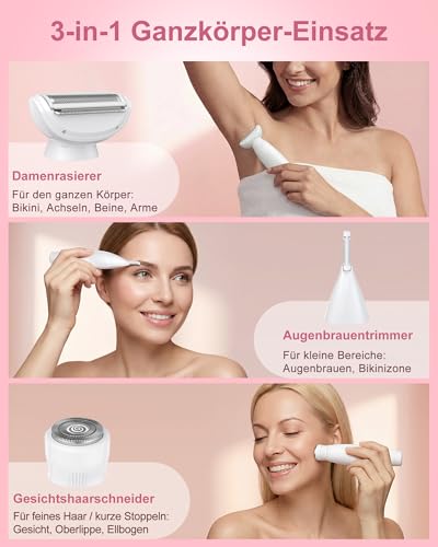 Rasierer Damen,3-In-1 Intimrasierer für Frauen & Gesichtshaarentferner für Frauen,IPX7 Wasserdicht, Nass&Trocken,Damenrasierer Elektrisch für Bikinizone,Achseln,Beine,Bikini Trimmer mit USB Aufladung