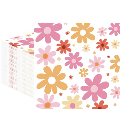 100 Pcs Daisy Paper Napkins - Cute Boho Groovy Daisy Flower Decorative Party Napkins for Baby Shower Birthday Wedding & Theme Parties