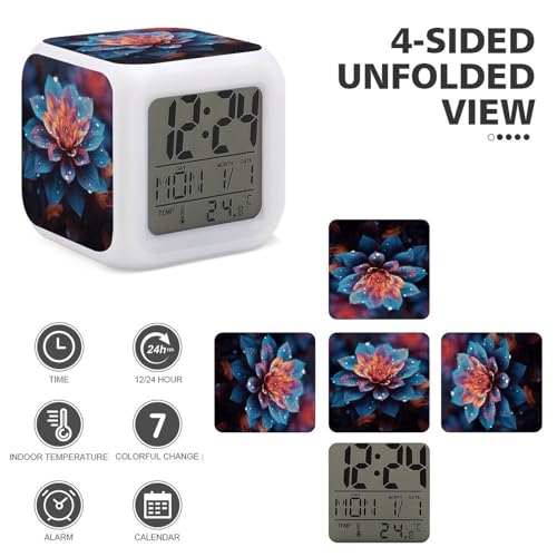 Reloj despertador de flores con luces LED de 7 colores y pantalla grande para mesita de noche 4