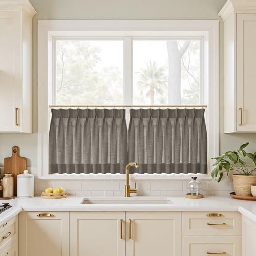Image of TWOPAGES 42 inch inch W x 45 inch inch L Linen Blend Cafe Curtains for Kitchen Window, Light Filtering Pinch Pleated Tier Curtains, Modern Farmhouse Half Window Curtains for Bathroom, Chocolate Tart, 2 Panels