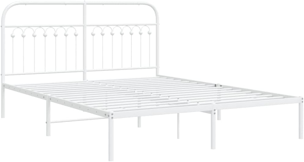 White Steel King Bed Frame with Rectangular Headboard, Durable Heavy-Duty Metal Platform Foundation for Bedroom, Sturdy Slatted Mattress Support, Easy Assembly, Modern Minimalist Design