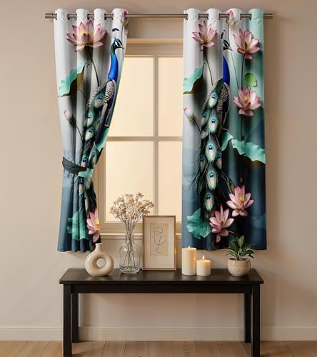 Image of Ultimate Trends Room Darkening Digital Printed Peacock Prints Curtain 65-70% Opacity,Diamond Eyelets, Tie Back, 9 FEET Pack of 1,Sage Green & Off-White
