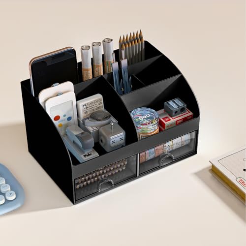 Desk Organizer with 6 Compartments and 2 Drawers, Plastic Makeup Organizer, Pen Holder for Desktop Storage, Desk Organization for School, Home, Office Supplies (Black) - Image 4