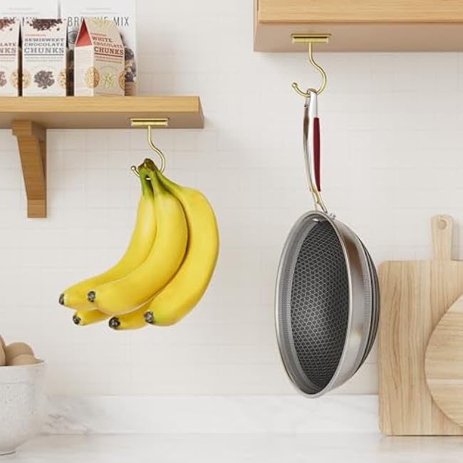 Under Cabinet Banana Hook Adhesive - Sticky Banana Hanger Under Counter, Sturdy Metal Banana Holder for Hanging Bananas or Kitchen Utensil, Banana Saver, Keeps Bananas Fresh, Gold