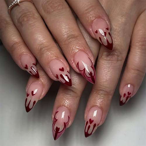24pcs Halloween Press on Nails Medium Almond Fake Nails with Bat Blood Drop Designs Bloody False Nail Halloween Artificial Nail Kit Full Cover Glossy Glue on Nails for Women Manicure DIY