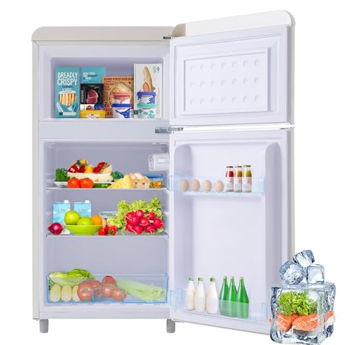 Mini refrigerador compacto de 72 L con congelador, puerta doble retro, 7 termostatos ajustables y estantes ajustables para dormitorios, oficinas y dormitorios.,White