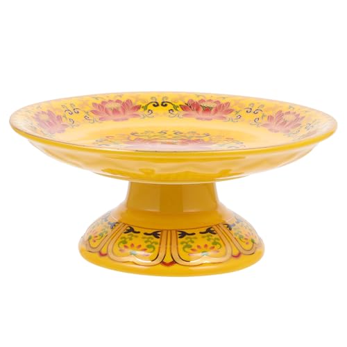 Ciieeo Ceramics Lotus Fruit Plate Yellow Zen Buddhist Serving Tray with Unique Patterns for Home and Temple Worship, Sacrificial Food Offering Bowl, Sturdy and Decorative