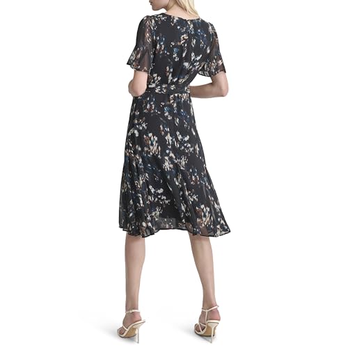Image of DKNY Women's Flutter Sleeve Round Neck Waist Tie Midi Dress