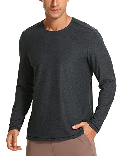 Crz Yoga Men's Lightweight Long Sleeve T-Shirts Slim Fit Crew Neck Quick Dry Soft Athletic Workout Tee Tops Black Heather Large #TOP20