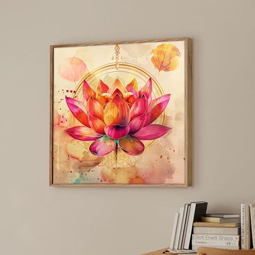 Image of Pink Vastu Lotus Framed Canvas Wall Art Painting for Living Room | Elegant Floral Artwork Painting with Frame | Modern Spiritual Wall Decor for Home, Bedroom & Office, 23x23 Inch