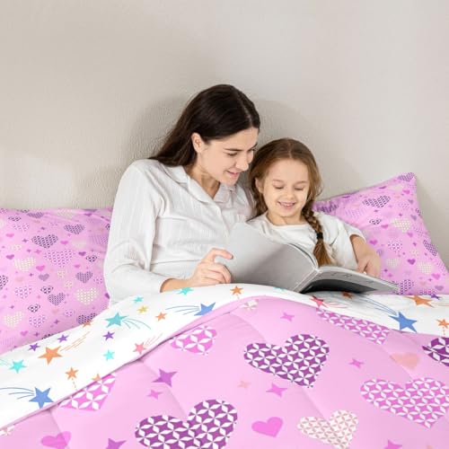 Image of Erosebridal Love and Heart Queen Comforter Set Cute Heart Pattern Bedding Set for Kids Teens Purple Valentine Bedroom Decor Love Geometric Quilt Duvet
