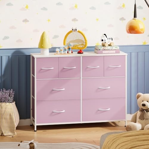 Image of WLIVE Dresser for Bedroom with 8 Drawers, Wide Fabric Dresser for Storage and Organization, Bedroom Dressers, Chest of Drawers for Living Room, Closet, Hallway, Cloudy Pink