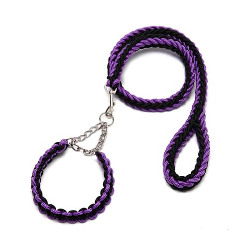 DOTEYAYP Heavy Duty Nylon Dog Collar Leash Set 8 Strand Rope Braided Adjustable Dog Training Collar for Small, Medium, Large Dog (Small, Black and Purple)