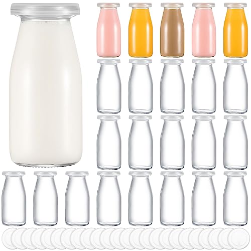 Zubebe 24 Pcs Small Glass Milk Bottle Clear Mini Glass Bottle with Lids Juice Jar Reusable Small Milk Jar Vintage Breakfast Shake Container for Baby Shower Birthday Party Favors (6.76 Oz/ 200 ml)