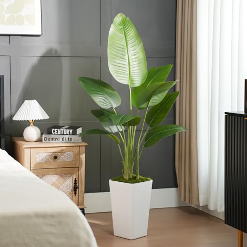 Lifelike Bird of Paradise Artificial Plant 5ft Faux Banana Leaf Tree with White Tall Planter for Home Decor - Perfect Indoor Silk Floor Plant for Living Room, Office, and Bedroom Ambiance Enhancement
