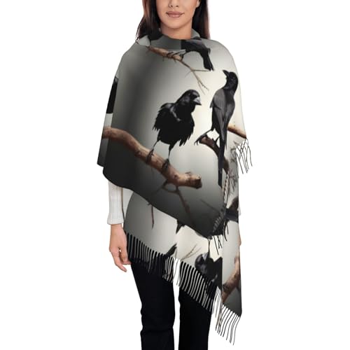 Black Crow Birds On A Branch Print Tassel Scarf For Women Men,Soft Scarf Shawl For Winter Fashion, Lightweight Scarf Shawl