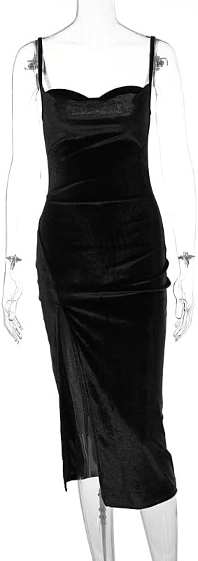 TICBRY Women's Sexy Velvet Spaghetti Straps Drawstring Bodycon Party Club Dress - Image 4