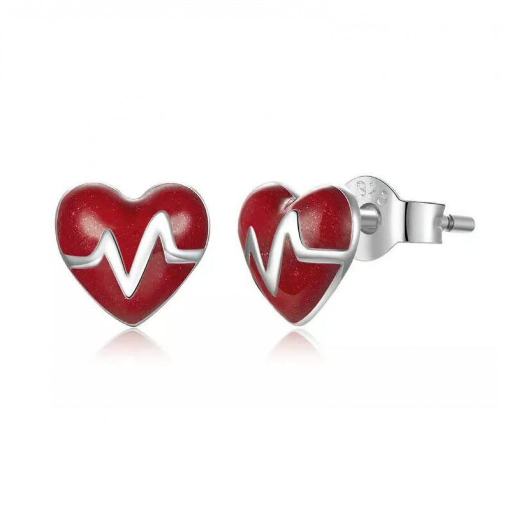 Orecchini a Bottone con Battito Cardiaco a Forma di Cuore in Smalto Rosso in Argento Sterling per Gioielli da Donna da 6 mm