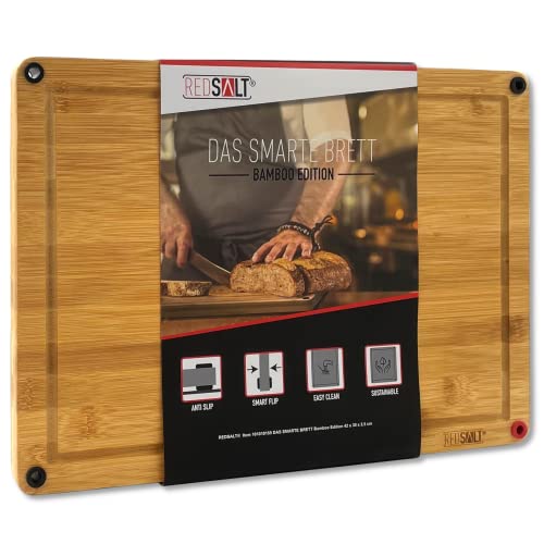 REDSALT® Grande planche à découper en bambou|36x26x2,5cm|Utilisable des deux côtés|Antidérapante|Rainure profonde|Planche en bois de qualité supérieure pour la cuisine et le barbecue|Cadeau durable Cover