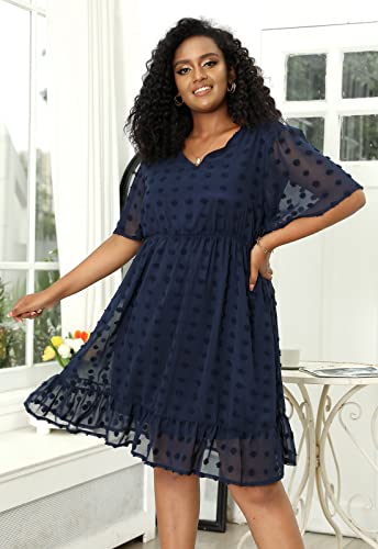 Keluummi Plus Size Wedding Guest Midi Dresses for Curvy Women, Casual Summer Swiss Dot Baby Shower Dress with Sleeve3