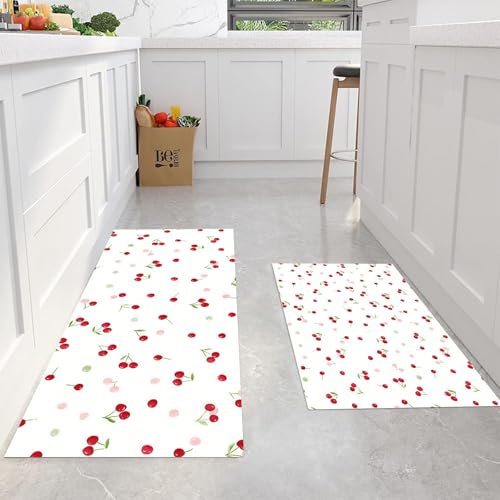 Tapis cuisine antidérapant rouge blanc | Solution sol propre absorbe huile 2 pièces - 5