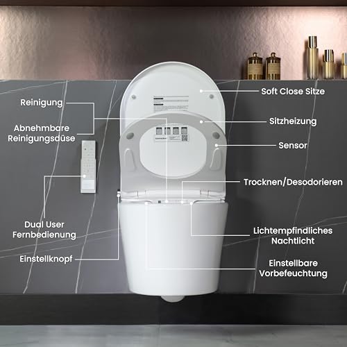 Casta Diva Dusch WC Komplettanlage mit Beheiztem Sitz, Hänge WC mit Bidet Funktion, Selbstreinigender Düse, Desodorierung und Entkalkung, Drehknopfeinstellung und WC Fernbedienung (CD-AU001)