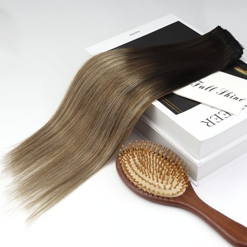 Image of Full Shine Seamless Clip in Hair Extensions Human Hair, Black Ombre Chestnut Brown Mix Caramel Blonde, Lace Weft, for Women, 14 Inch 60g 3 Pcs